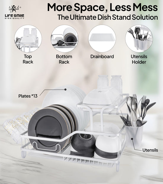 2 Tier Dish Rack with Drainboard for Kitchen Utensils