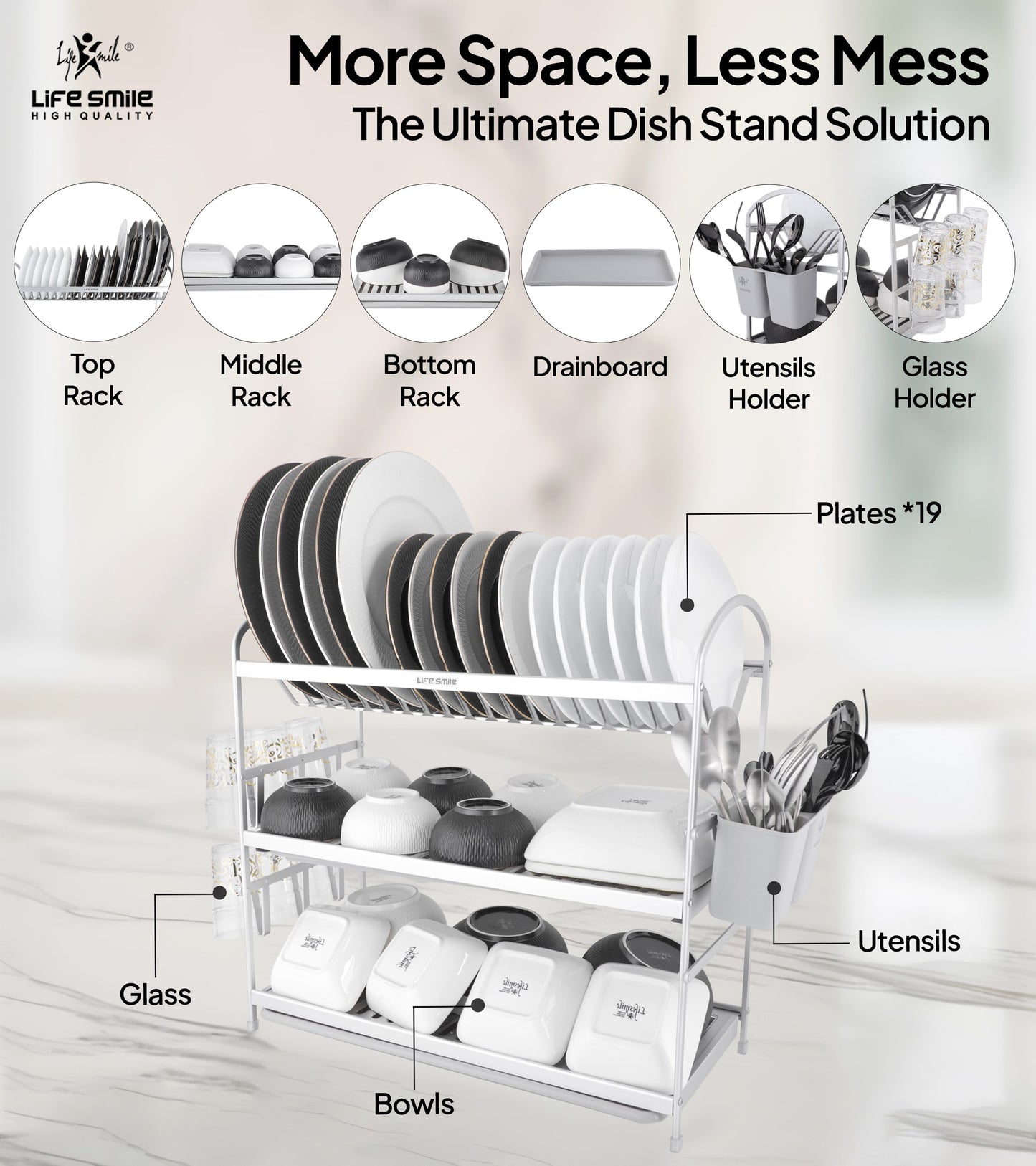 3 Tier Dish Rack Aluminium with Utensil Holder & Dish Drainer