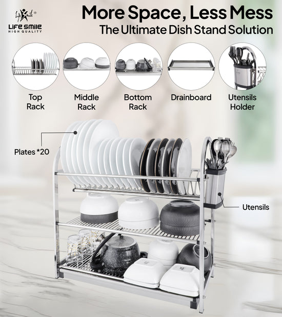 3-Tier Dish Rack Stainless Steel with Utensil Holders