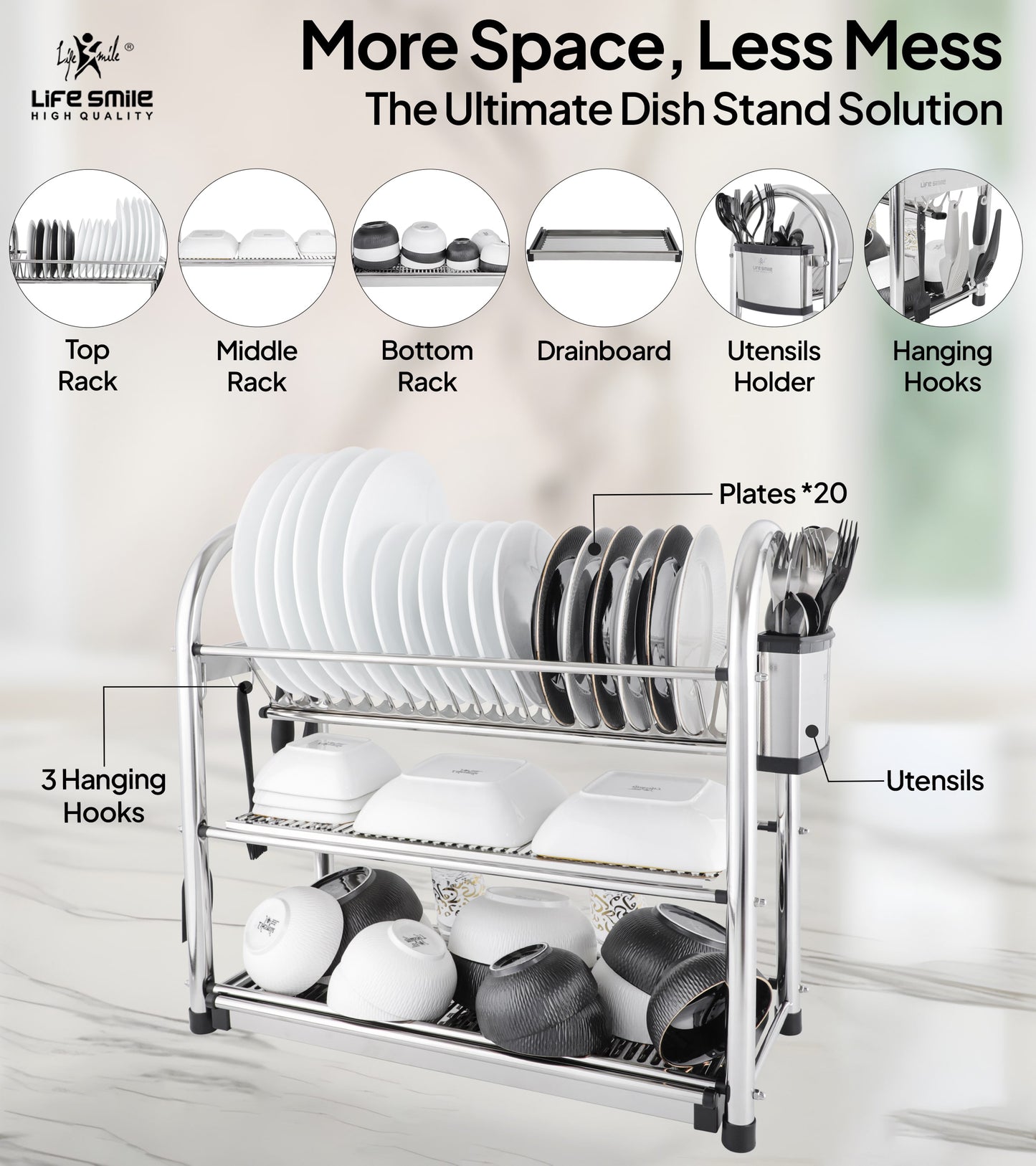 Dish Rack 3 Tier High Quality Stainless Steel for Kitchen Counter