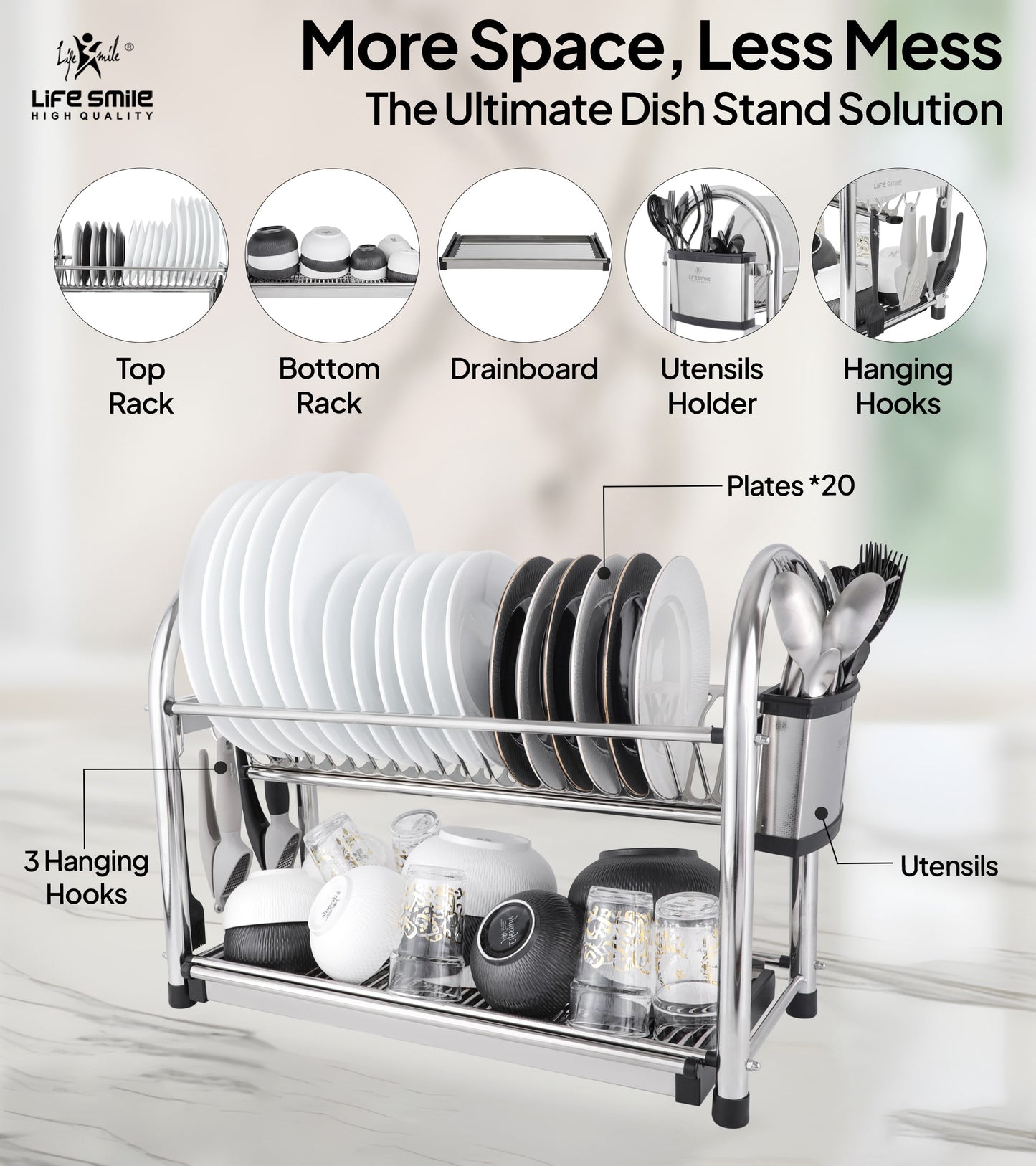 2 Tier Dish Rack Premium Stainless Steel with Drainboard