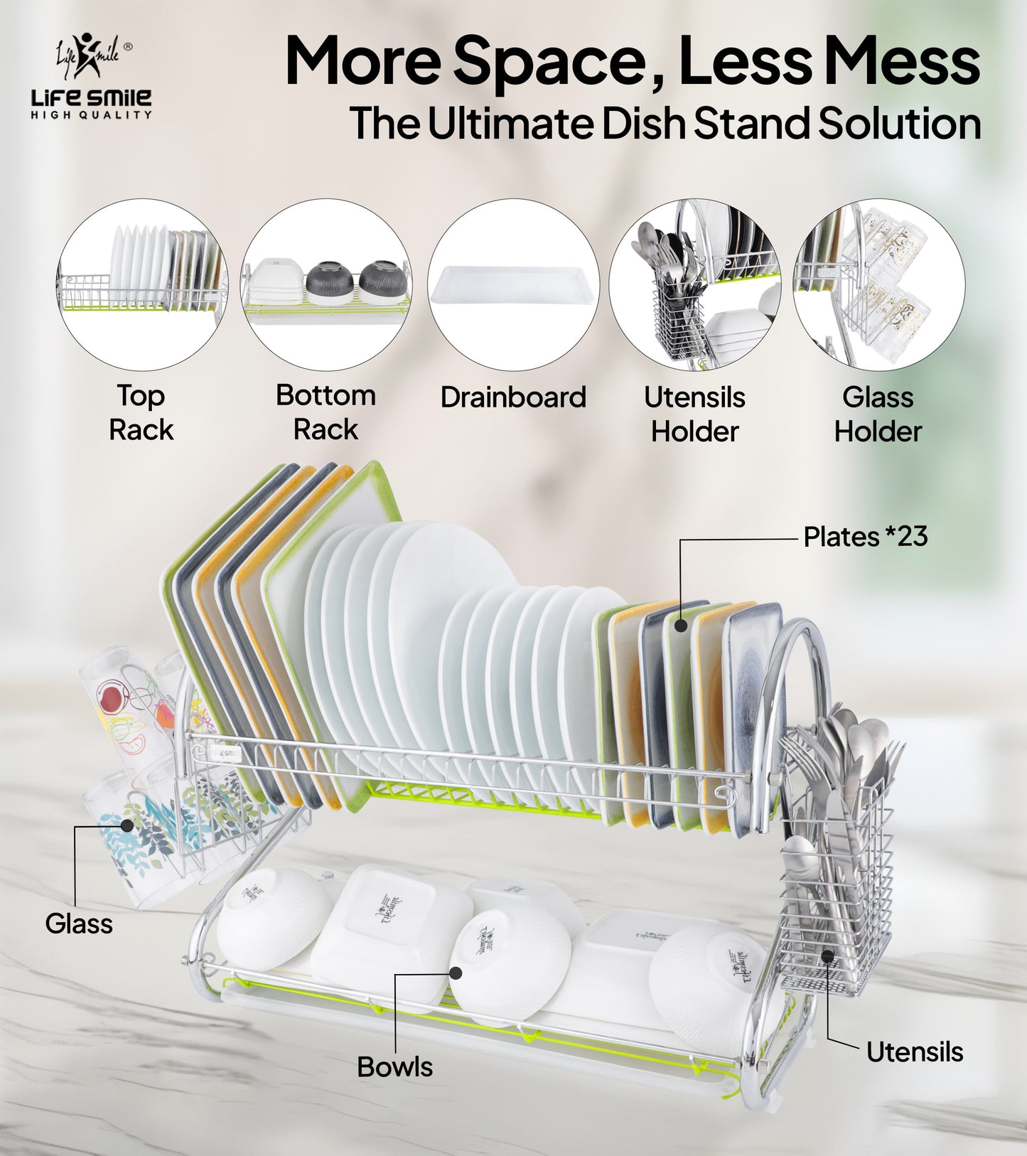 Dish Rack 2 Tier Stainless Steel with Glass & Utensil Holder