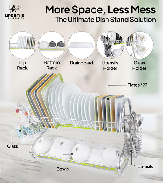 Dish Rack 2 Tier Stainless Steel with Glass & Utensil Holder