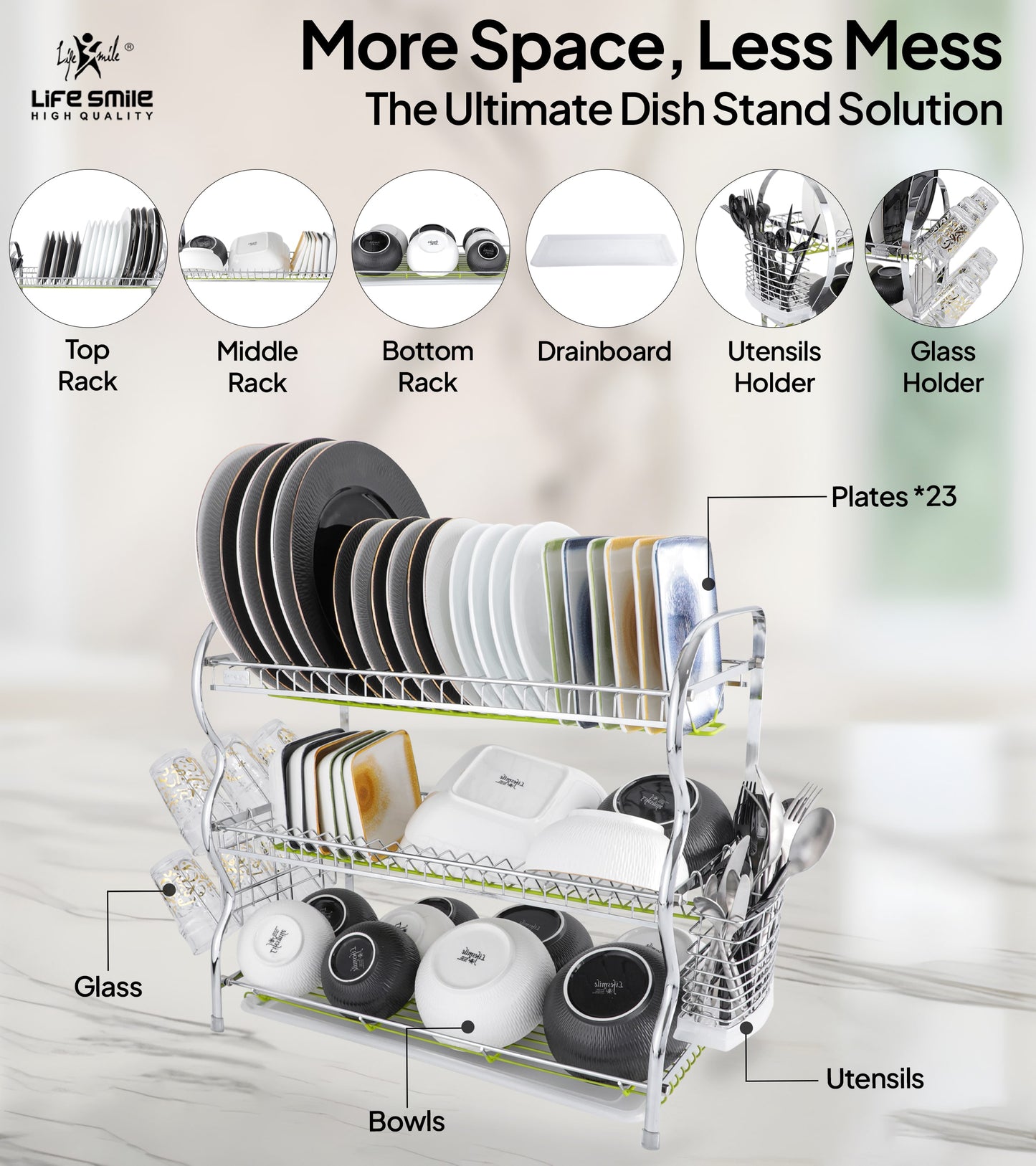 3 Tier Stainless Steel Dish Rack with Utensils and Glass Holder