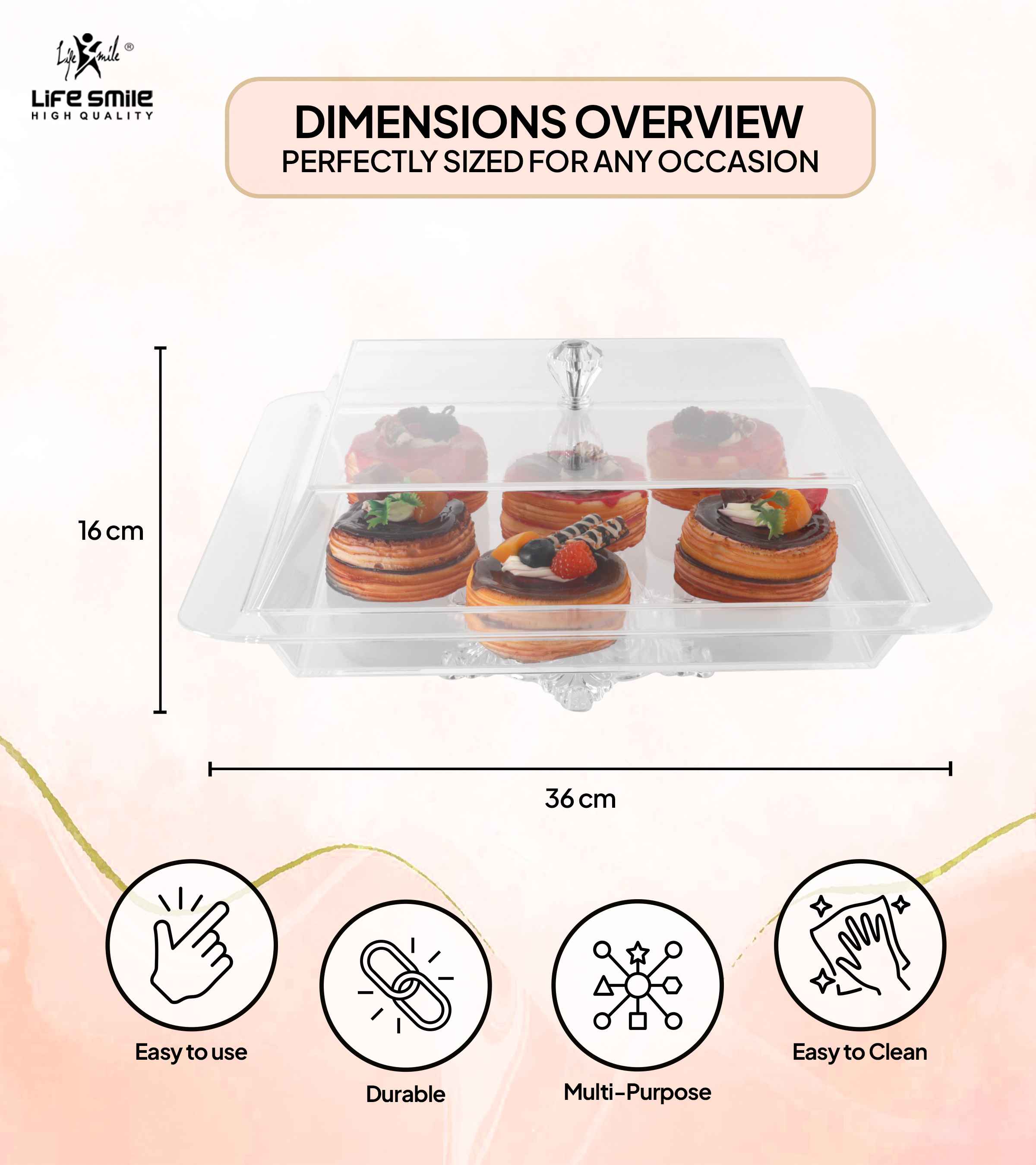 Acrylic Square Serving Tray With Dome Lid Cake Stand