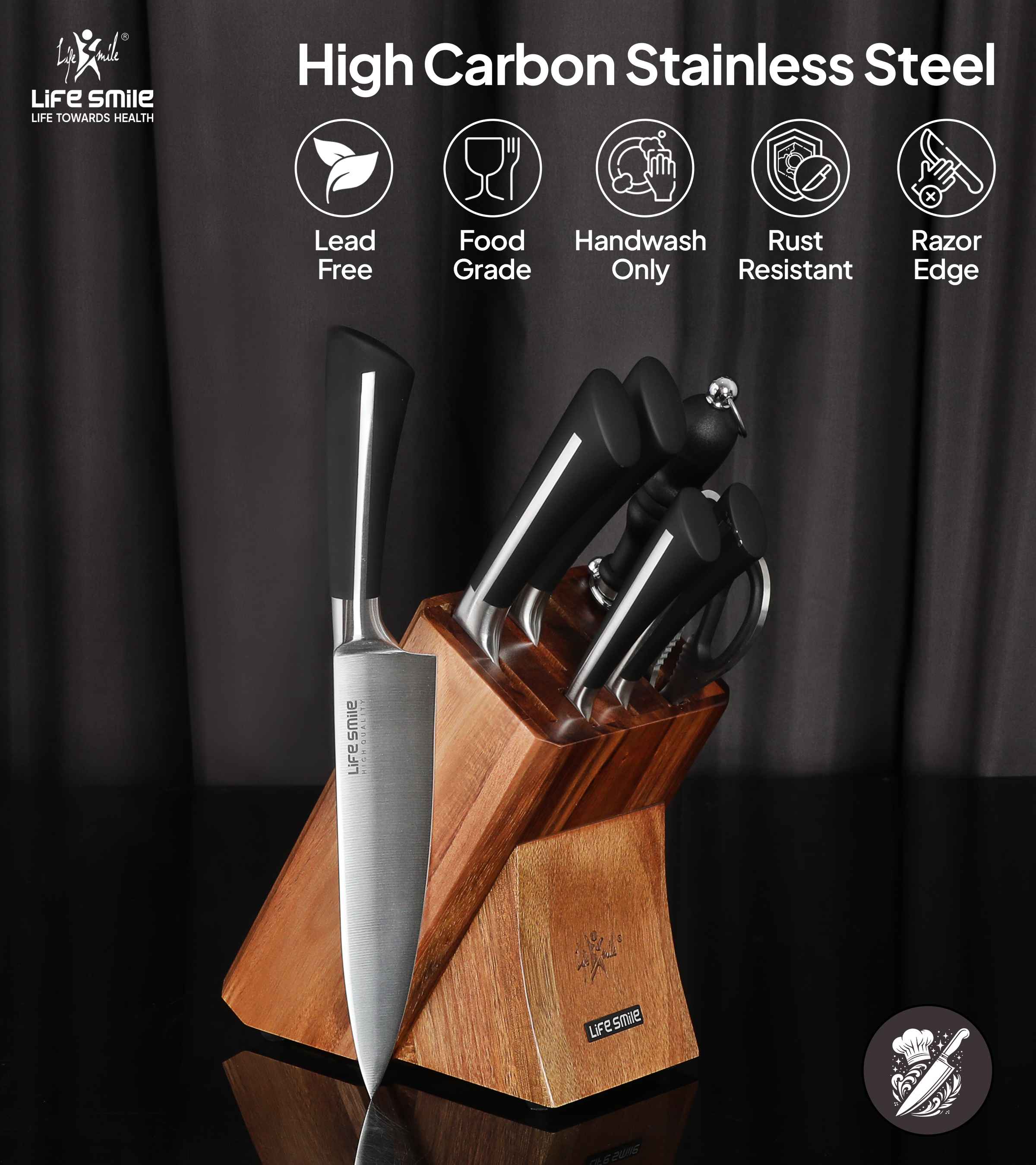 Kitchen Knife Set with Stand Stainless Steel Black Color