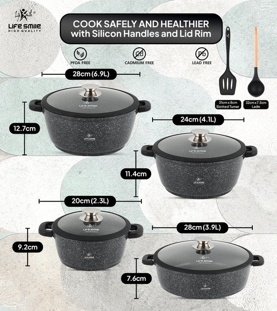 طقم أواني طهي 29 قطعة مطلية بالجرانيت متعدد الطبقات مع مقابض سيليكون