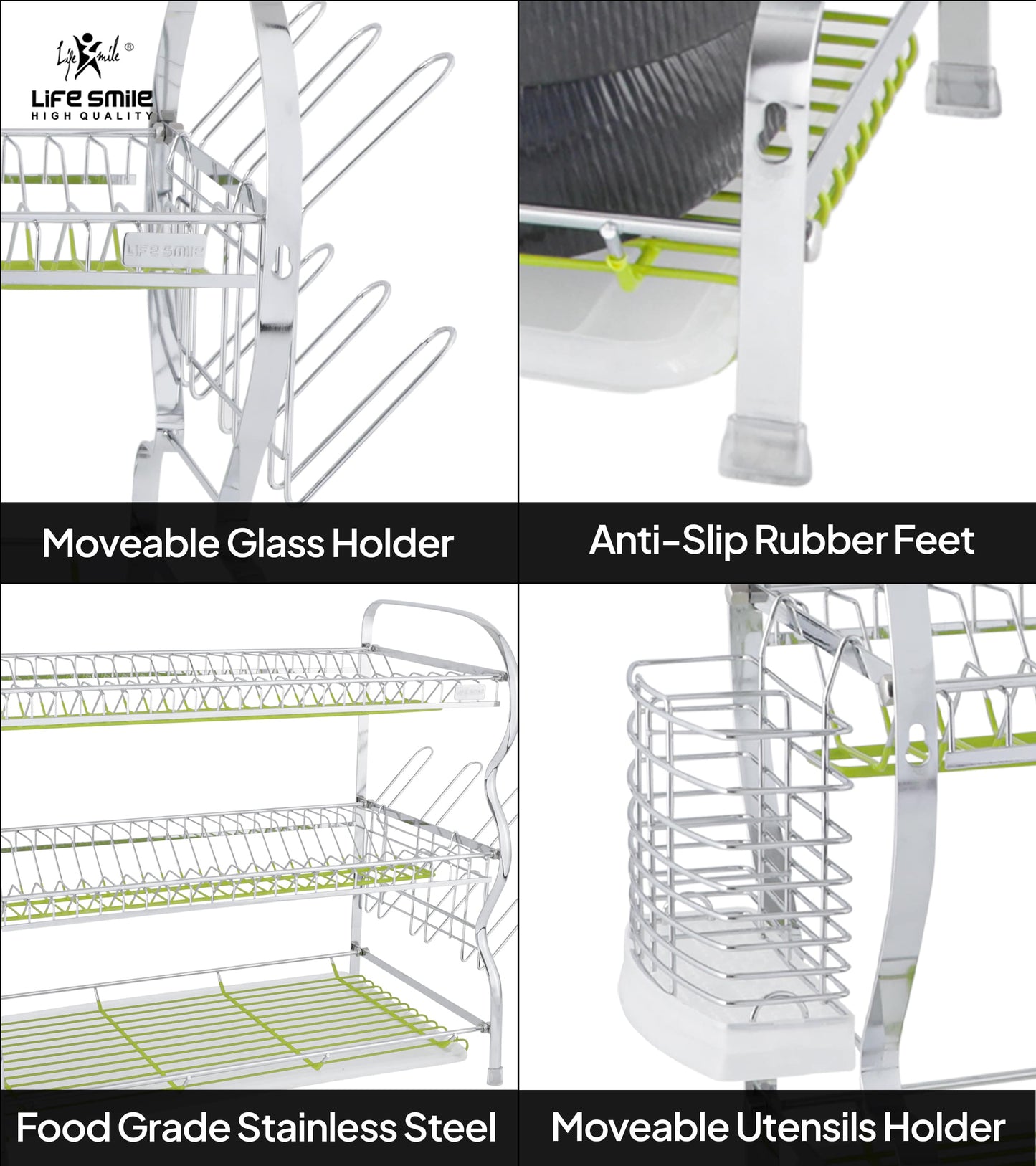 3 Tier Stainless Steel Dish Rack with Utensils and Glass Holder