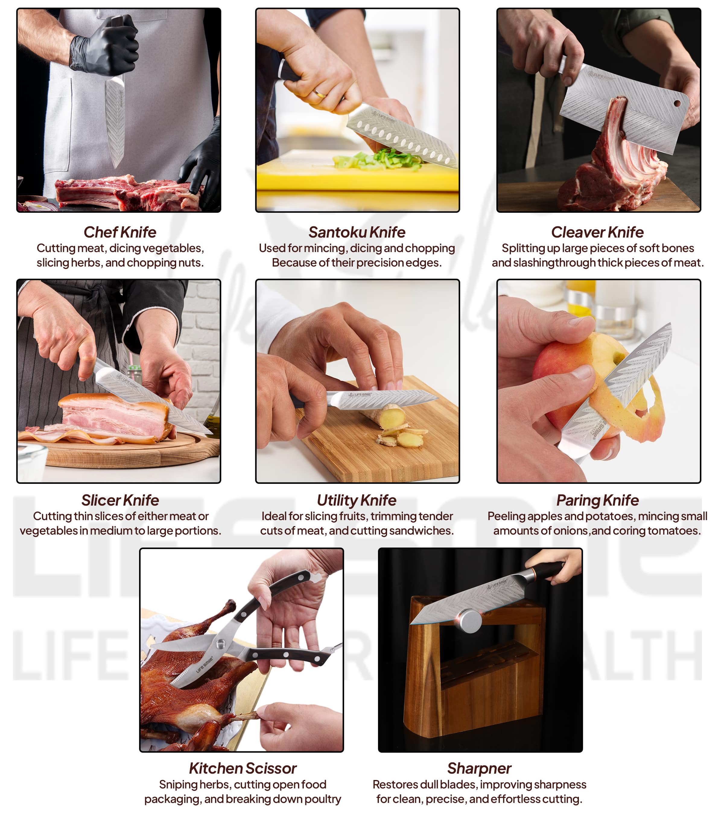 Kitchen Cooking Chef Knife Set with Built-in Sharpner