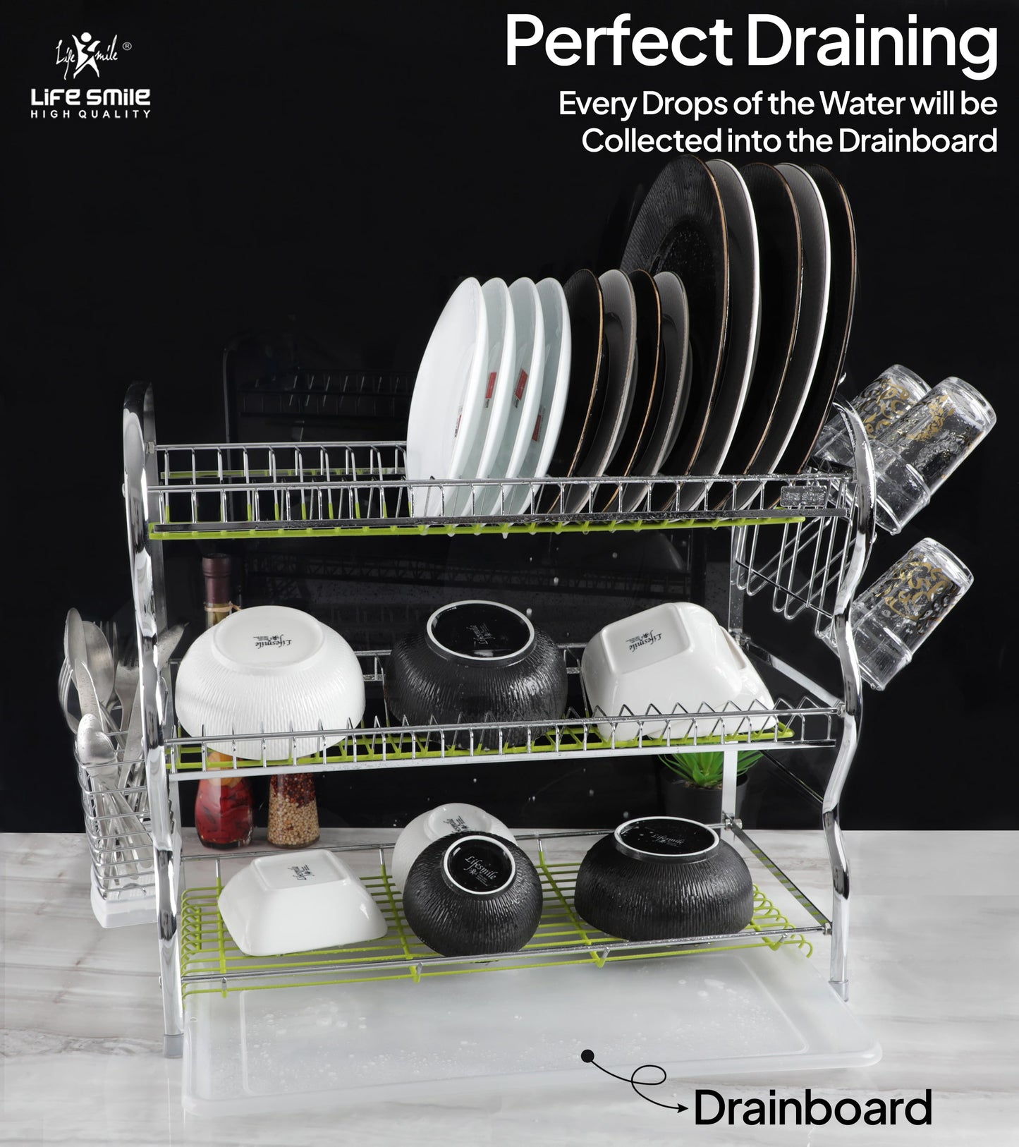 3 Tier Stainless Steel Dish Rack with Utensils and Glass Holder