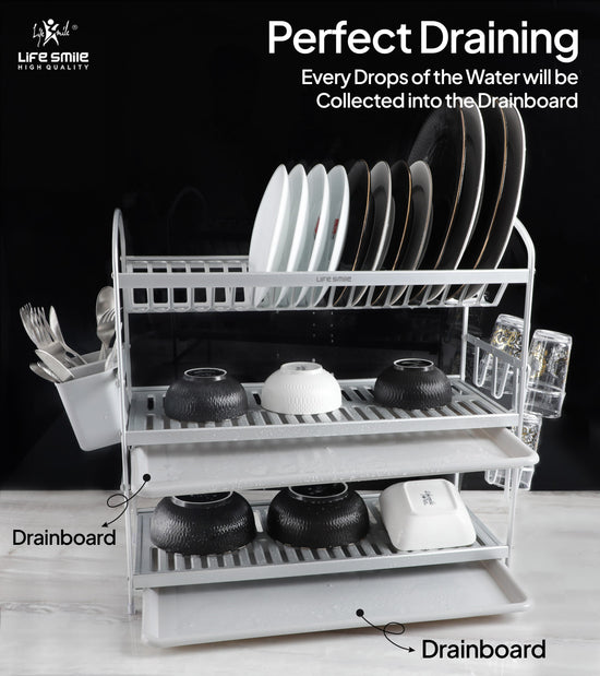 3 Tier Dish Rack Aluminium with Utensil Holder & Dish Drainer