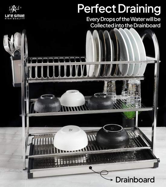 3-Tier Dish Rack Stainless Steel with Utensil Holders