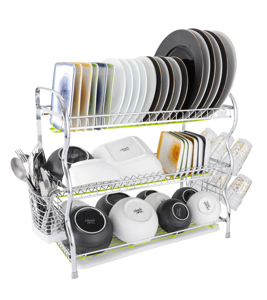 3 Tier Stainless Steel Dish Rack with Utensils and Glass Holder