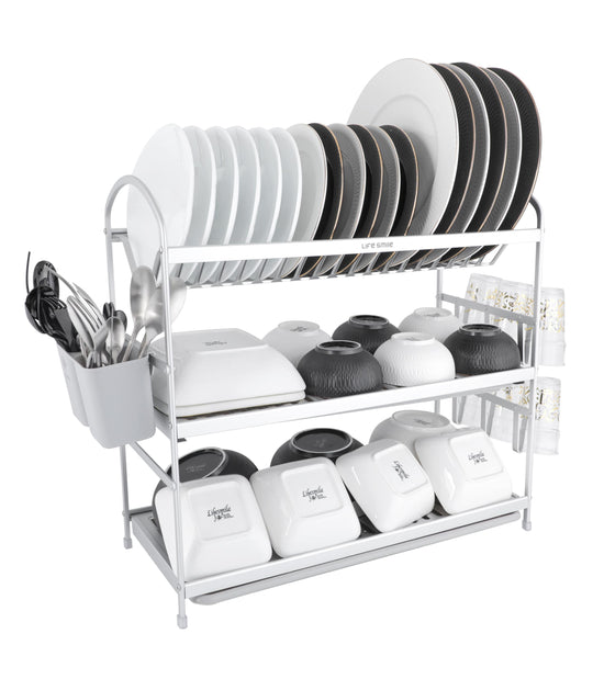 3 Tier Dish Rack Aluminium with Utensil Holder & Dish Drainer