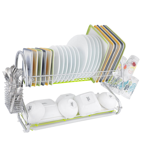 Dish Rack 2 Tier Stainless Steel with Glass & Utensil Holder