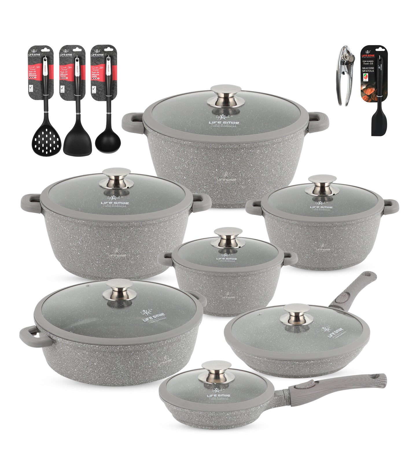 Cookware Set 29 pieces with Multiple Layer Granite Coating with Silicone Handles