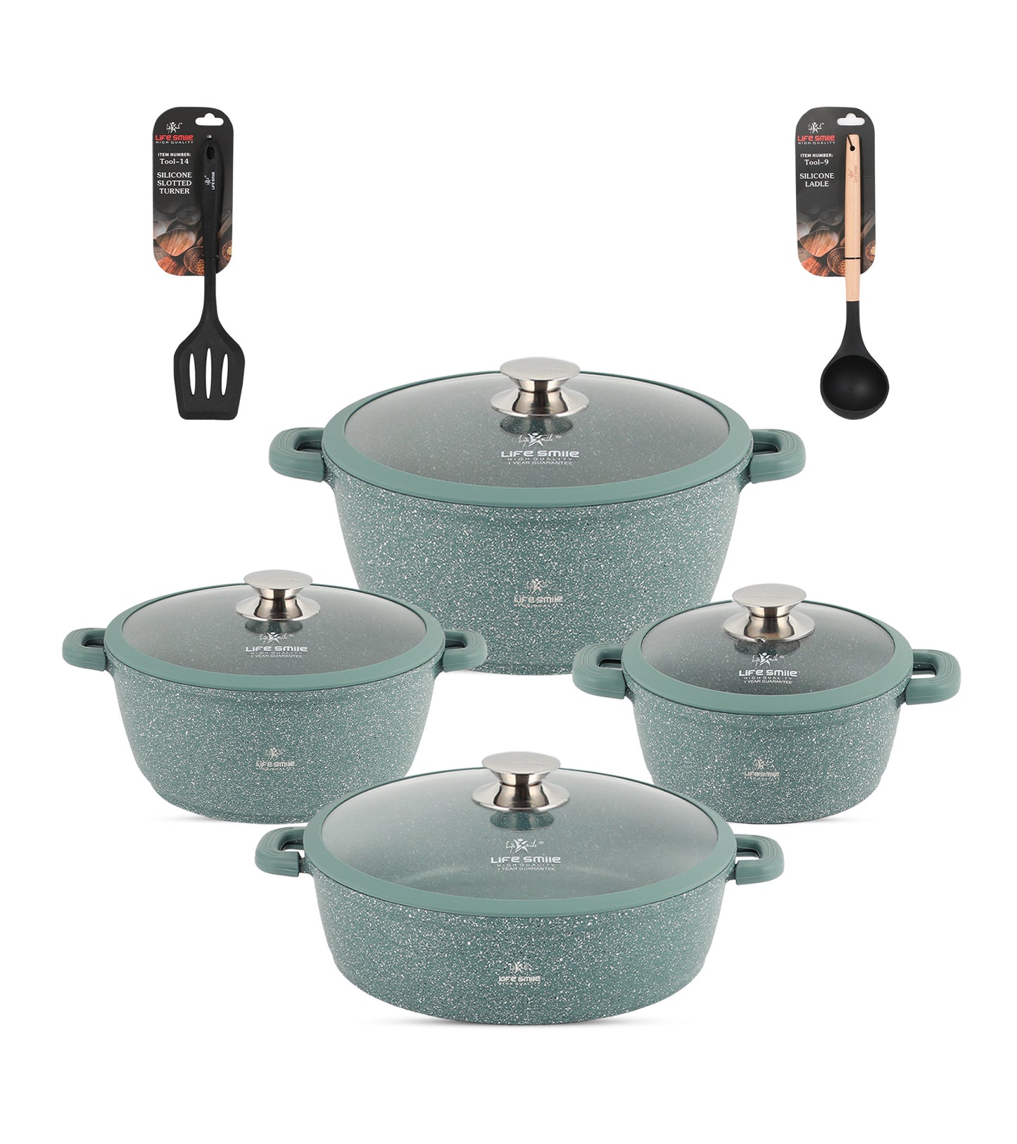 Cookware Set 29 pieces with Multiple Layer Granite Coating with Silicone Handles